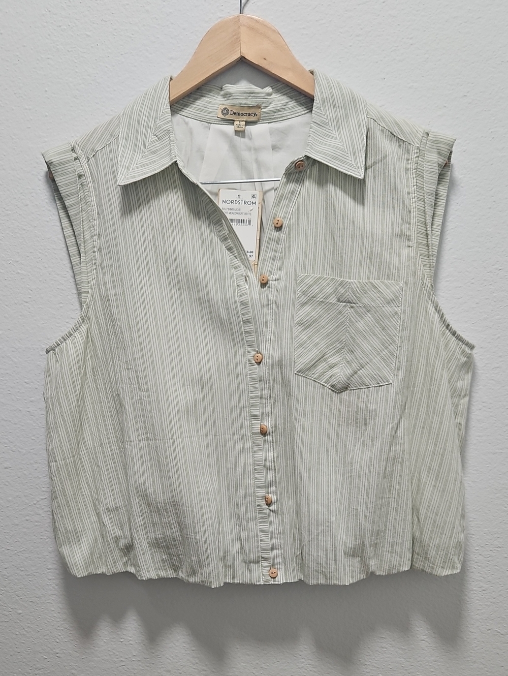 Democracy Sleeveless Striped Button-Down Top - Sage Green Off White Large NWT